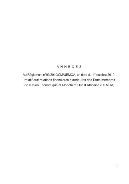Annexe aux règlement n°09/2010/CM/UEMOA
