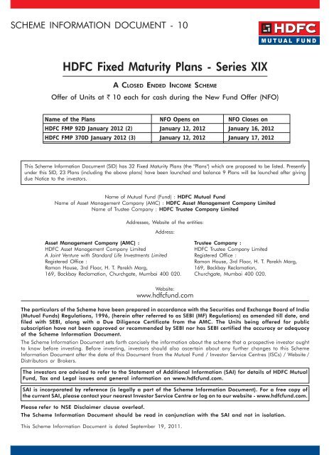 HDFC Fixed Maturity Plans - Series XIX - Securities and Exchange ...