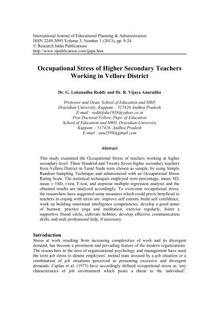 Occupational Stress of Higher Secondary Teachers Working in ...
