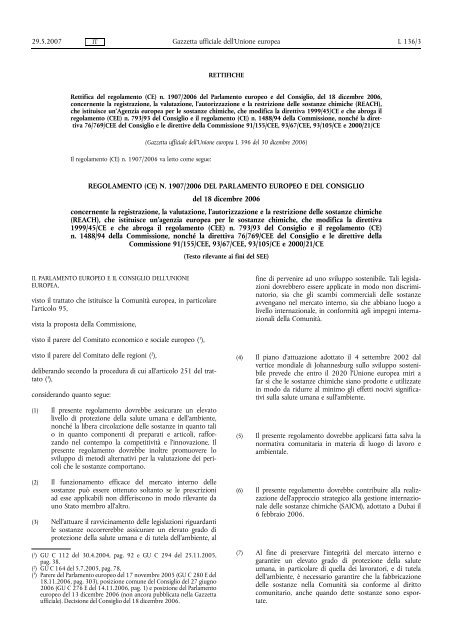 REGOLAMENTO (CE) N. 1907/2006 DEL PARLAMENTO ... - Reach