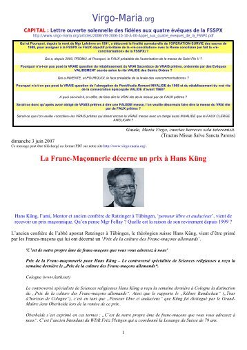 La Franc-MaÃ§onnerie dÃ©cerne un prix Ã  Hans KÃ¼ng - Virgo-Maria.org