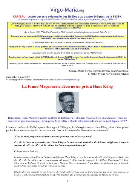 La Franc-MaÃ§onnerie dÃ©cerne un prix Ã  Hans KÃ¼ng - Virgo-Maria.org