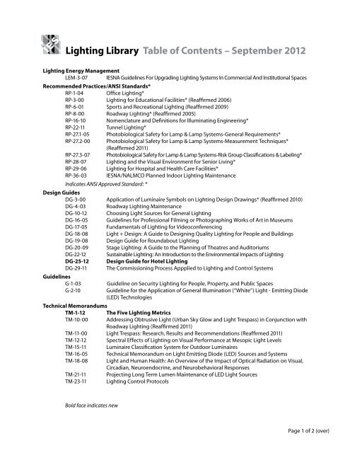 Lighting Library Table of Contents - Illuminating Engineering Society