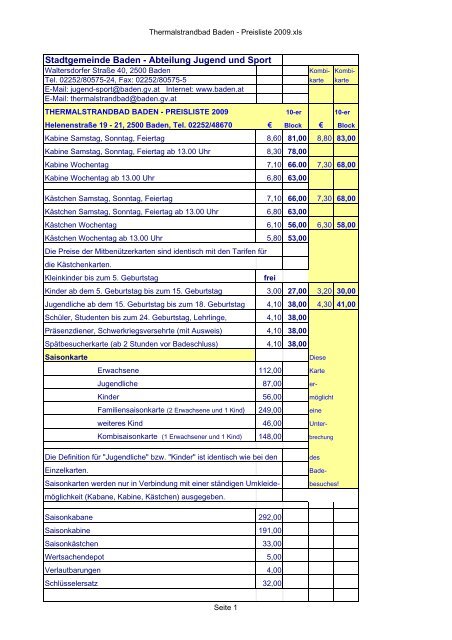 Thermalstrandbad Baden - Preisliste 2009