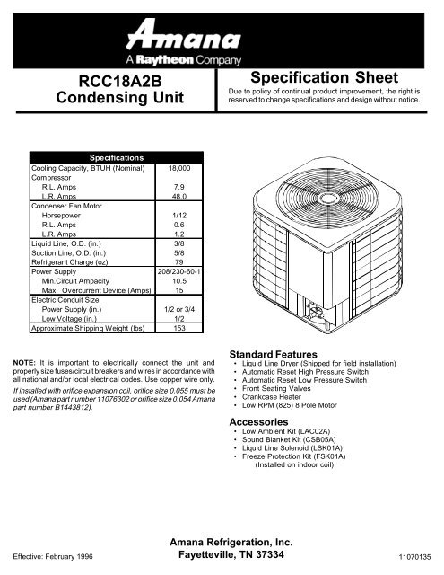 RCC18A2B Condensing Unit Specification Sheet