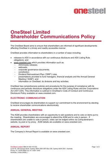 OneSteel Limited Shareholder Communications Policy