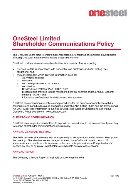 OneSteel Limited Shareholder Communications Policy