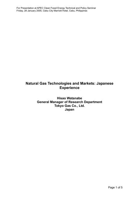 Natural Gas Technologies and Markets: Japanese Experience