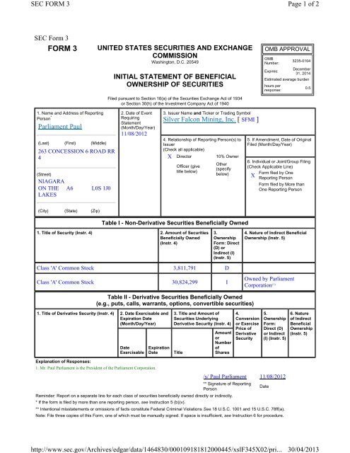 FORM 3 - Silver Falcon Mining Inc.