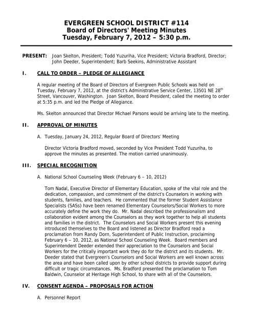 Board Meeting Minutes - Evergreen Public Schools