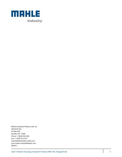 Data sheet ANSI 150 - MAHLE Industry - Filtration