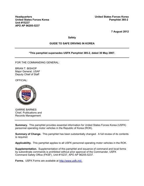 USFK 385-2 Guide to Safe Driving in Korea - U.S. Army