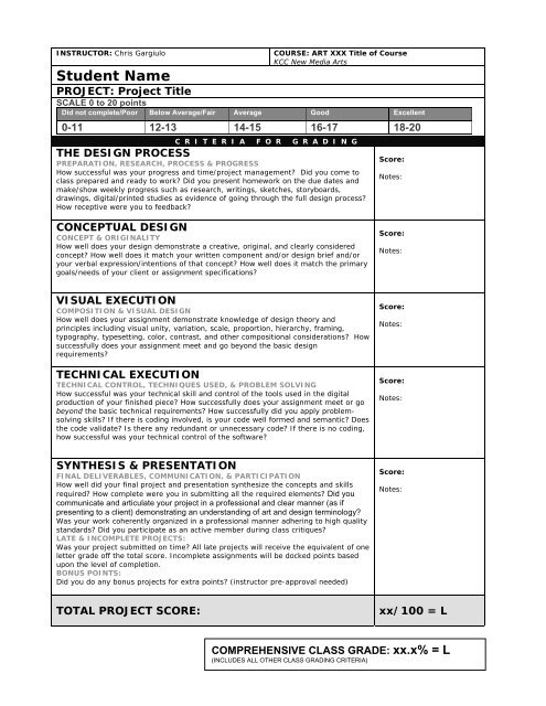 Grade Sheet - KCC New Media Arts