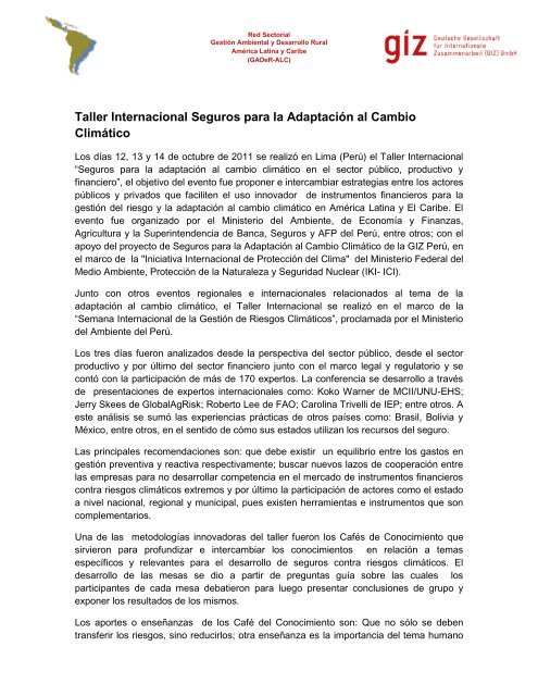 Taller Internacional Seguros para la Adaptación al Cambio ... - PDRS