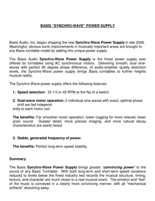 BASIS “SYNCHRO-WAVE” POWER SUPPLY Basis Audio, Inc ...