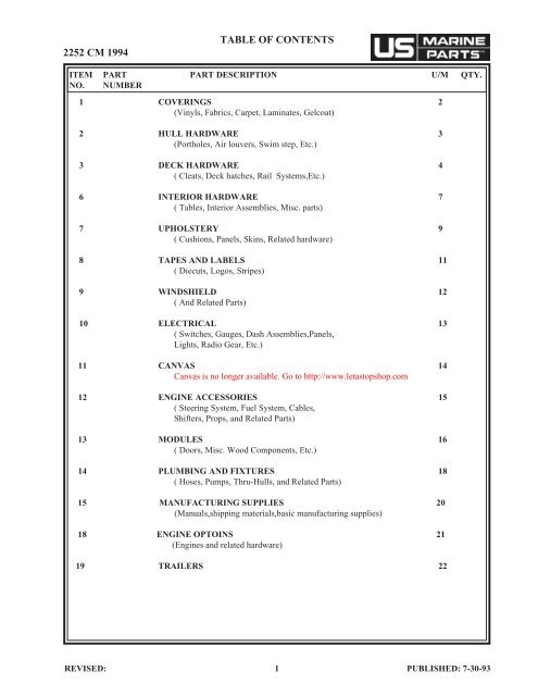 2252 CM 1994 TABLE OF CONTENTS - Bayliner Parts