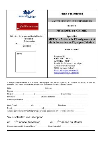 Fiche d'Inscription PHYSIQUE ou CHIMIE MEFPC « Métiers de l ...