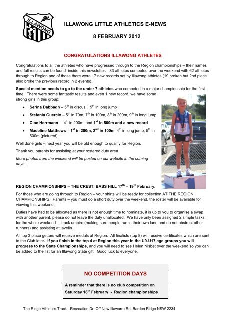 ILLAWONG LITTLE ATHLETICS E-NEWS 8 FEBRUARY 2012 NO ...