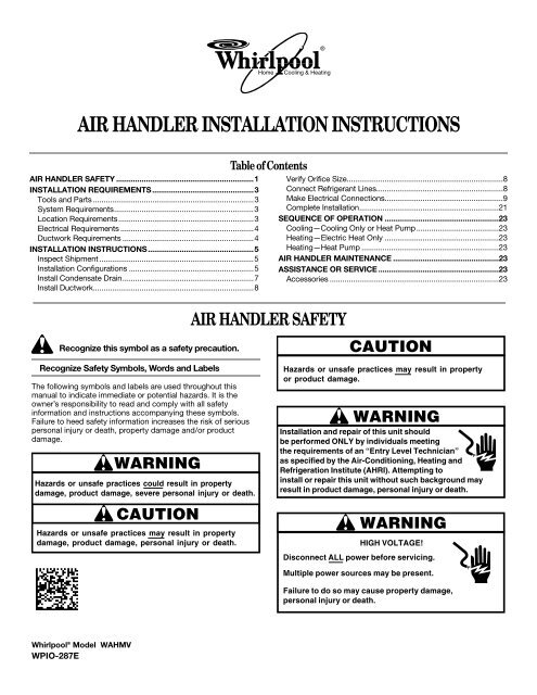 air handler installation instructions - Whirlpool HVAC Dealers