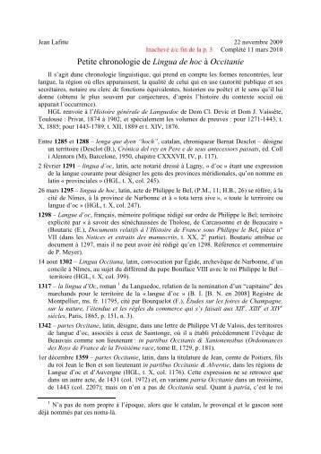 Petite chronologie de Lingua de hoc à Occitanie
