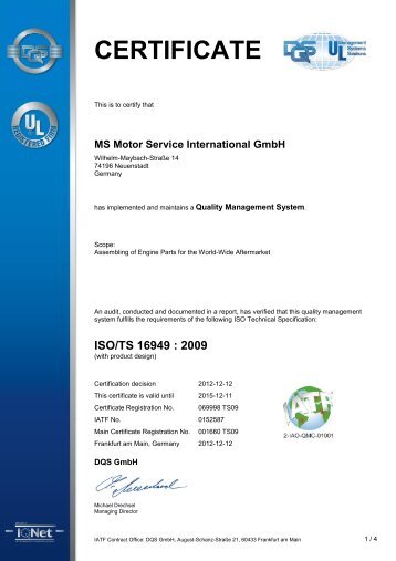 Certificate ISO/TS 16949 - Ms-motor-service.cn