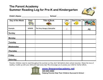 The Parent Academy Summer Reading Log for Pre-K and ...