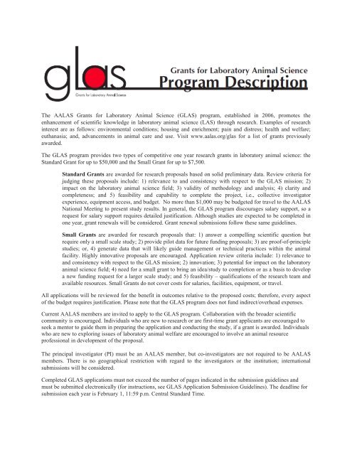 The AALAS Grants for Laboratory Animal Science (GLAS) program ...
