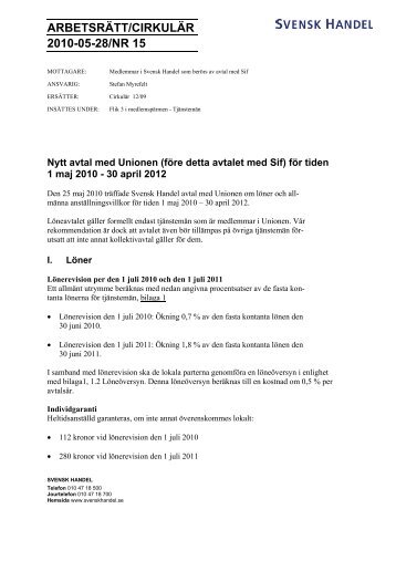 Nytt avtal Unionen fd Sif 1 maj 2010 - 30 april 2012 ... - Svensk Handel