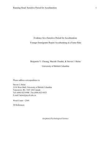 Running Head: Sensitive Period for Acculturation 1 Evidence for a ...