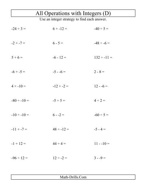 Integers Worksheet -- All Operations with Integers (Range -12 to 12 