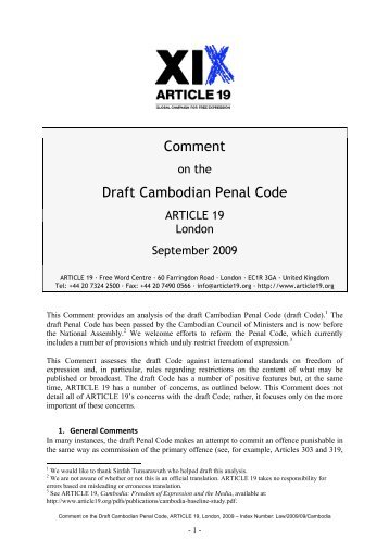 Comment on the Draft Cambodian Penal Code ARTICLE 19 London ...