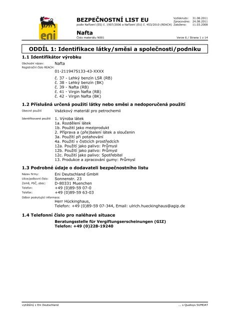 Sicherheitsdatenblatt N001 (CZ