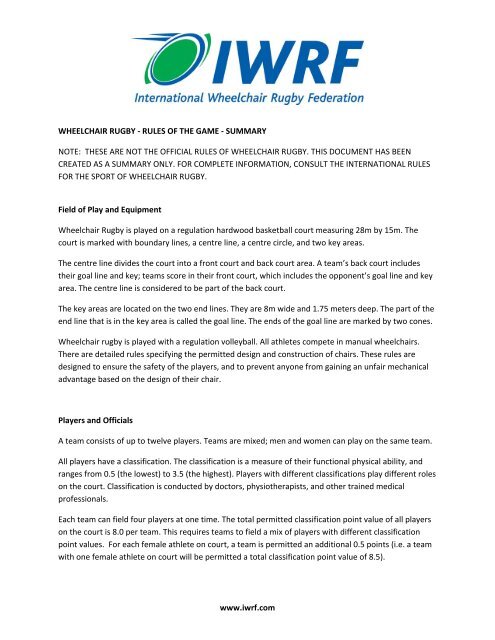 Wheelchair Rugby Rules Summary 2012 pdf International 