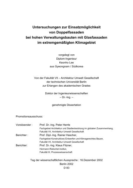 Untersuchungen zur Einsatzmöglichkeit von Doppelfassaden bei ...