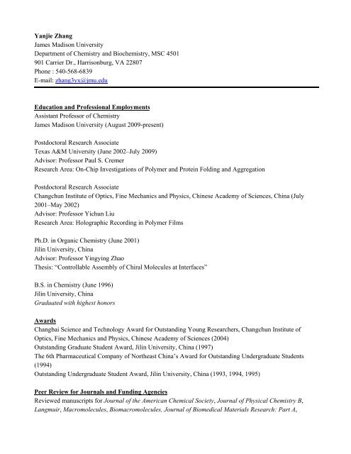 Dr. Zhang's CV - James Madison University