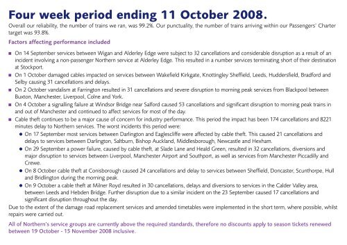 Four week period ending 11 October 2008. - Northern Rail