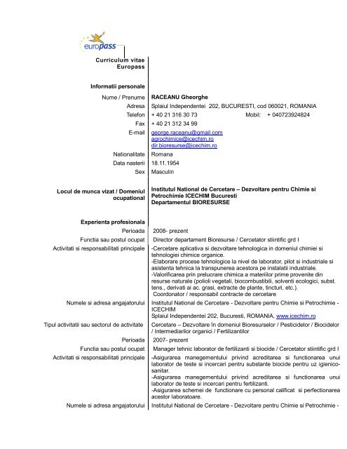 Curriculum vitae Europass Informatii personale Nume ... - ICECHIM