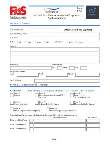 Safe Pass Tutor Application Form - FÃ¡s