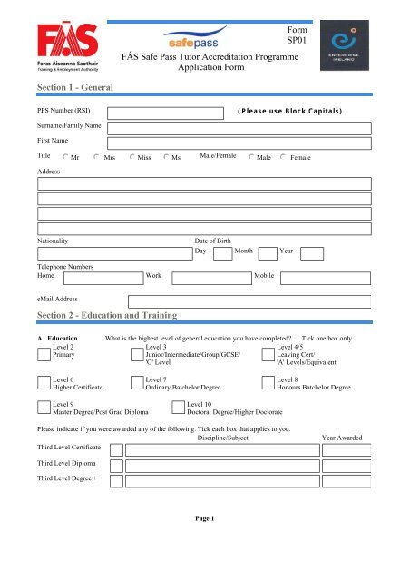Safe Pass Tutor Application Form - FÃ¡s