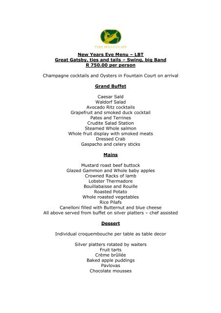 New Years Eve Menu A Lbt Great Gatsby Ties And Orient Express New Years Eve Menu A Lbt Great Gatsby Ties And Orient Express