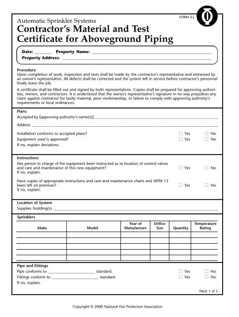 Contractors Material And Test Certificate For Aboveground Piping