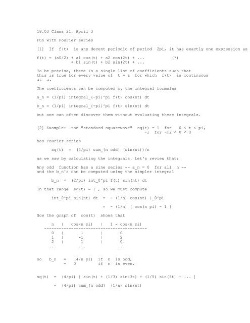 18.03 Class 21, April 3 Fun with Fourier series [1] If f(t) is any decent ...