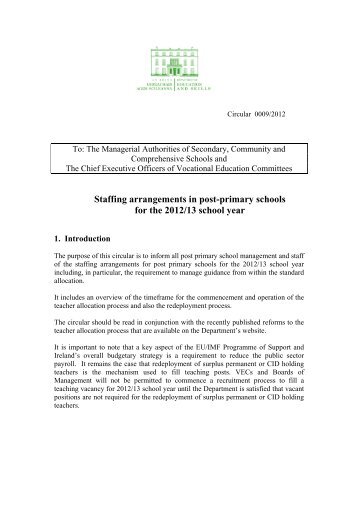 Staffing arrangements in post-primary schools for the ... - Circulars