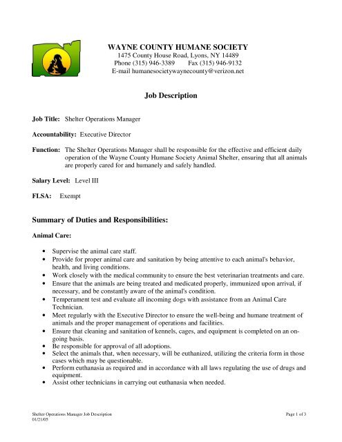 WAYNE COUNTY HUMANE SOCIETY Job Description Summary of ... WAYNE COUNTY HUMANE SOCIETY Job Description Summary of ...