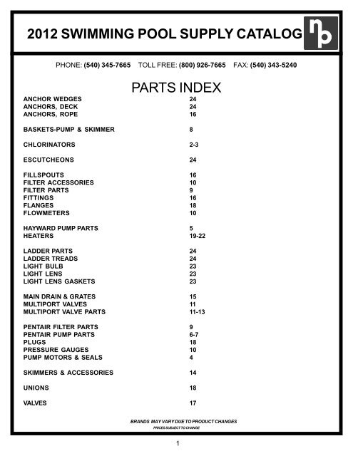 2012 SWIMMING POOL SUPPLY CATALOG PARTS INDEX
