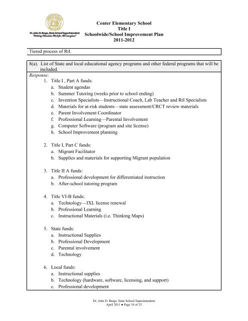 Center Elementary School Title I Schoolwide/School Improvement ...