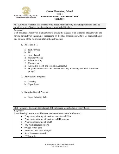 Center Elementary School Title I Schoolwide/School Improvement ...