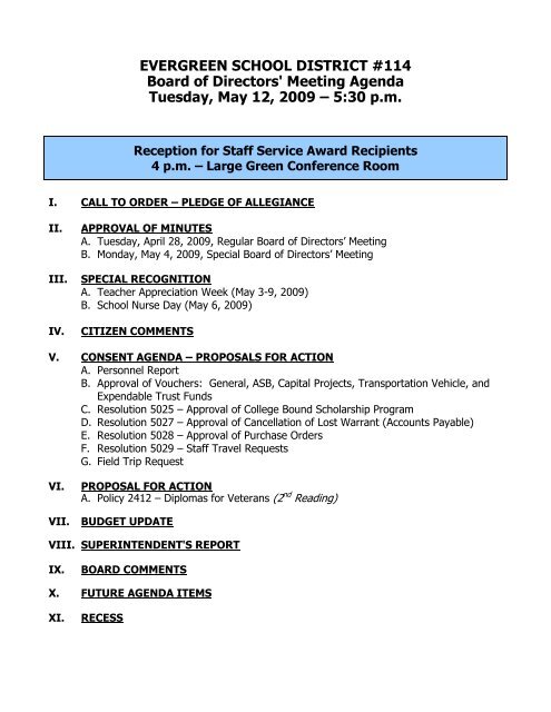 Meeting Agenda Tuesday May 12 09 A 5 30 Pm Evergreen
