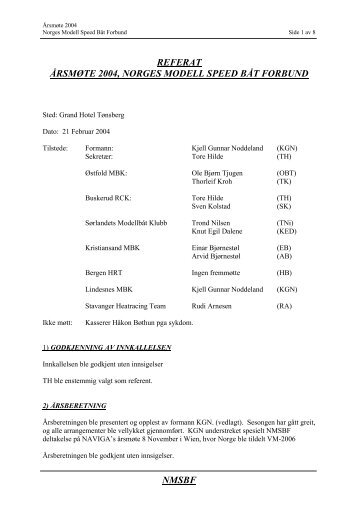 nmsbf referat Ã¥rsmÃ¸te 2004, norges modell speed bÃ¥t forbund