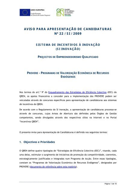 Aviso para Apresentação de Candidaturas n.º 22/SI/2009 - Qren